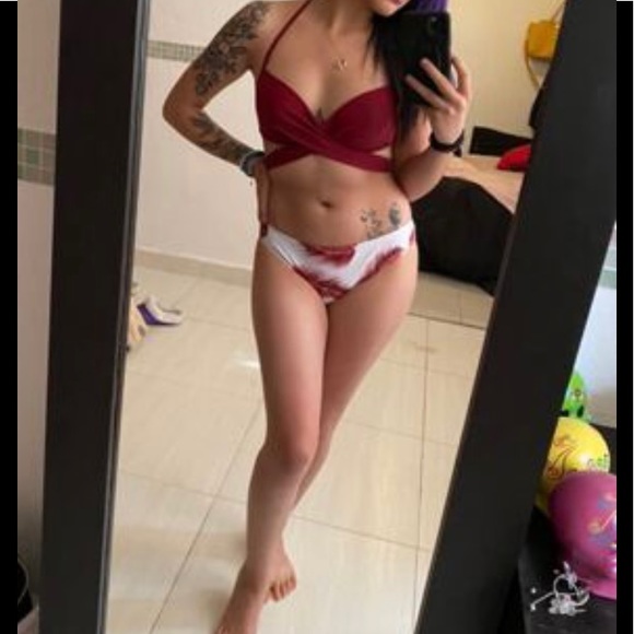 Maroon and White Feather Print Bikini - Picture 8 of 11